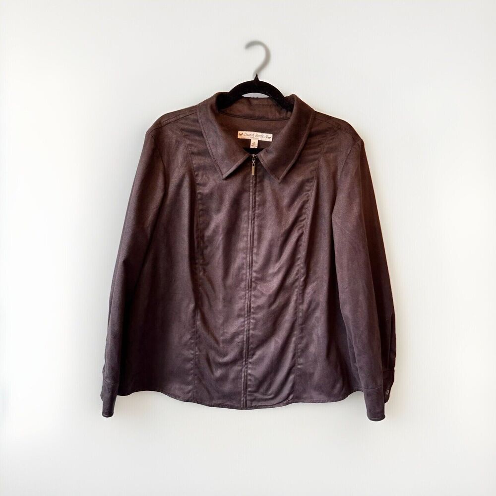 David Brooks Blazer Jacket Size 1X Brown Vintage Zippered Faux Suede‎ 80's